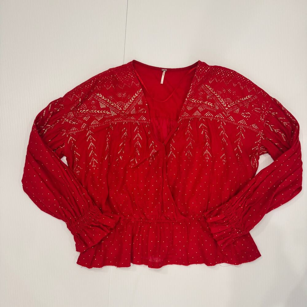 Free People Counting Stars Peasant Top Red Women's Medium Western Boho Festival - Picture 12 of 16